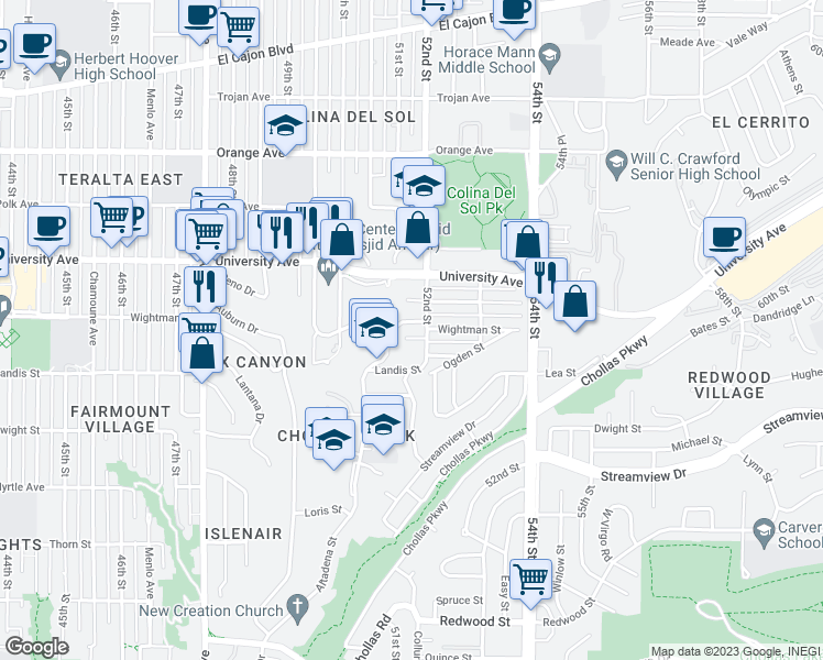 map of restaurants, bars, coffee shops, grocery stores, and more near 3828 52nd Street in San Diego