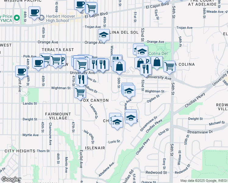 map of restaurants, bars, coffee shops, grocery stores, and more near 3833 50th Street in San Diego