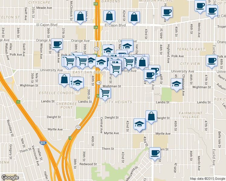 map of restaurants, bars, coffee shops, grocery stores, and more near 4122 Wightman Street in San Diego
