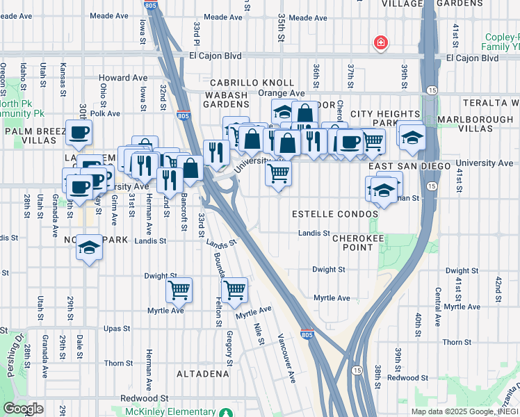 map of restaurants, bars, coffee shops, grocery stores, and more near 3803 Wabash Avenue in San Diego