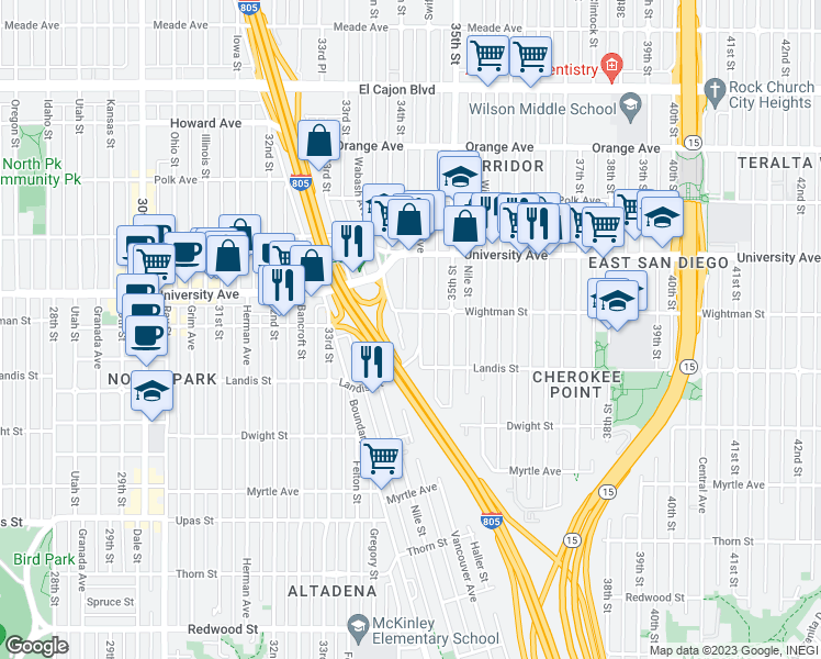 map of restaurants, bars, coffee shops, grocery stores, and more near 3803 Wabash Avenue in San Diego