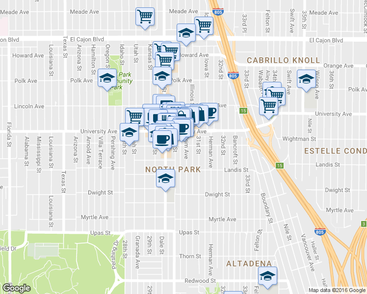 map of restaurants, bars, coffee shops, grocery stores, and more near 3823 Ray Street in San Diego