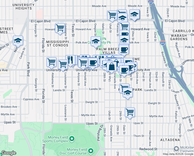 map of restaurants, bars, coffee shops, grocery stores, and more near 3820 Pershing Avenue in San Diego