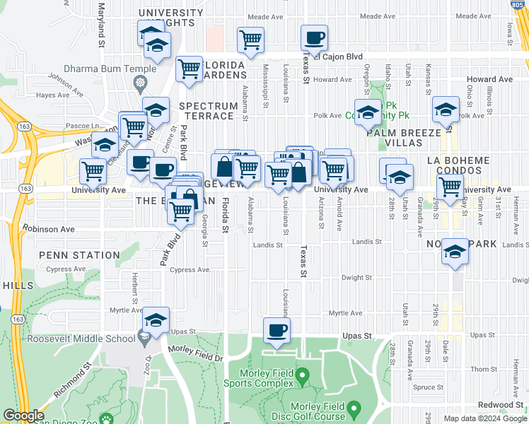 map of restaurants, bars, coffee shops, grocery stores, and more near in San Diego