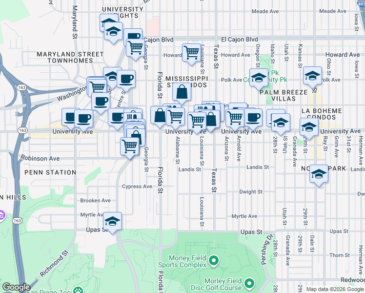 map of restaurants, bars, coffee shops, grocery stores, and more near in San Diego