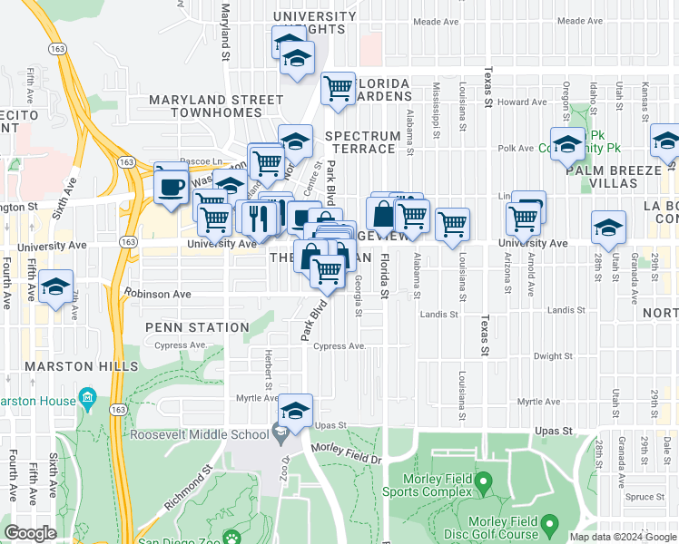 map of restaurants, bars, coffee shops, grocery stores, and more near 1829 Crestwood Place in San Diego
