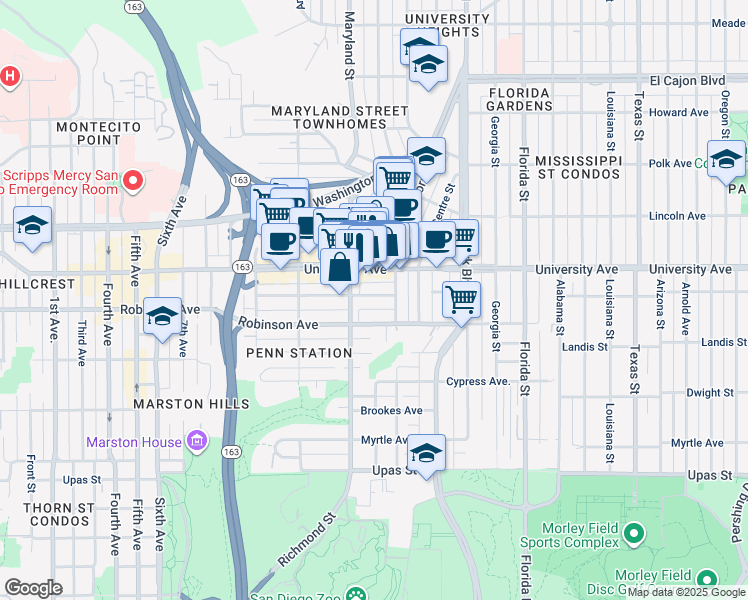 map of restaurants, bars, coffee shops, grocery stores, and more near 1451 University Avenue in San Diego