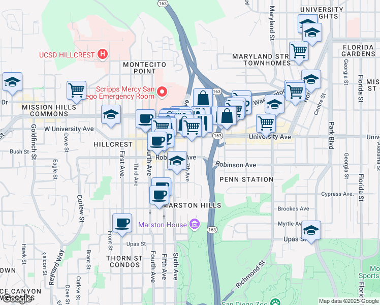map of restaurants, bars, coffee shops, grocery stores, and more near 737 University Avenue in San Diego