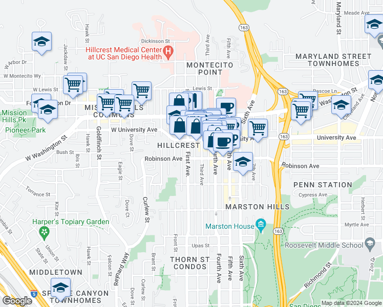 map of restaurants, bars, coffee shops, grocery stores, and more near 127 University Avenue in San Diego