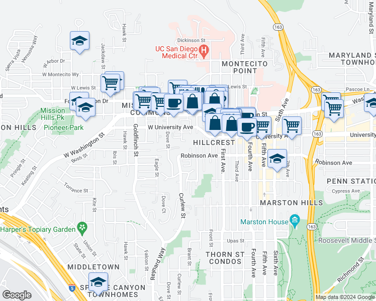 map of restaurants, bars, coffee shops, grocery stores, and more near 3844 Albatross Street in San Diego