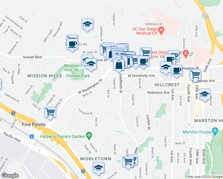 map of restaurants, bars, coffee shops, grocery stores, and more near 1003 Alberta Place in San Diego