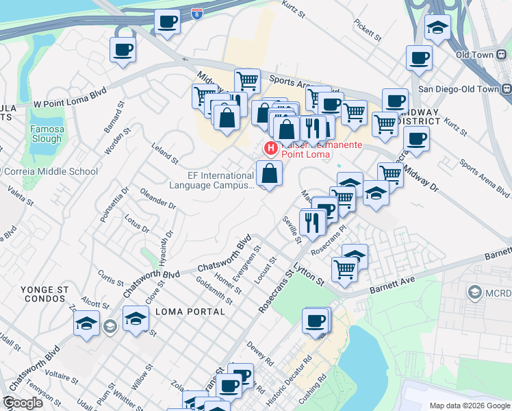 map of restaurants, bars, coffee shops, grocery stores, and more near 3405 Kenyon Street in San Diego