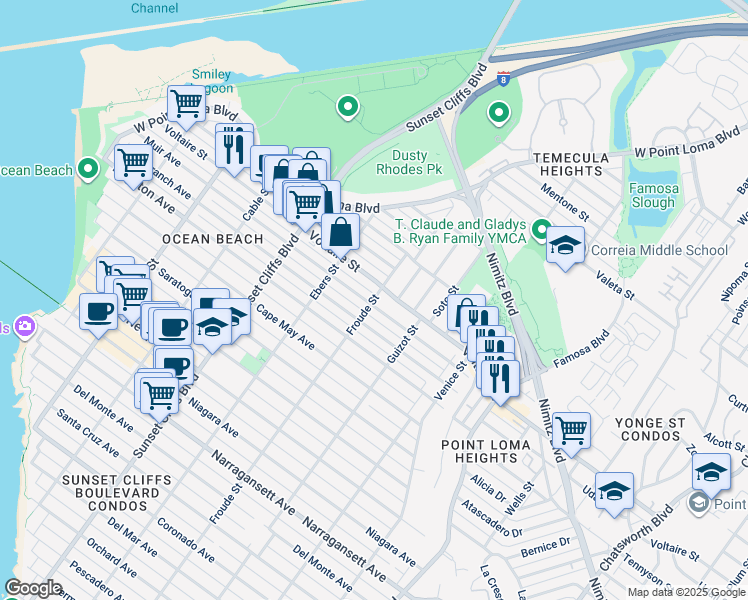 map of restaurants, bars, coffee shops, grocery stores, and more near 4615 Voltaire Street in San Diego