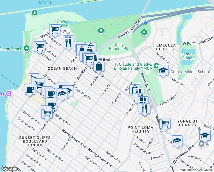 map of restaurants, bars, coffee shops, grocery stores, and more near 4615 Voltaire Street in San Diego