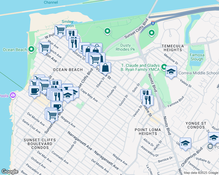 map of restaurants, bars, coffee shops, grocery stores, and more near 4678 Muir Avenue in San Diego