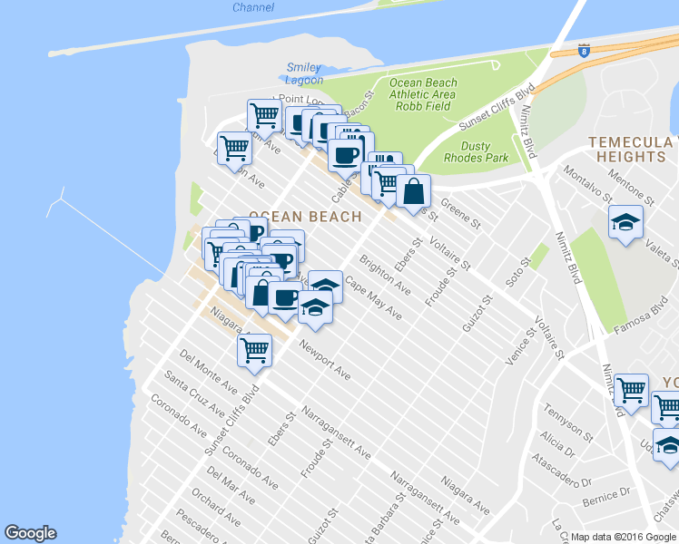 map of restaurants, bars, coffee shops, grocery stores, and more near 4844 Cape May Avenue in San Diego