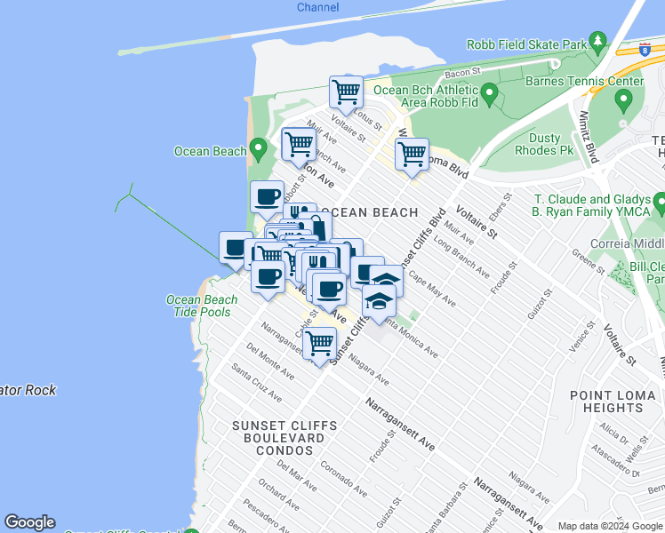 map of restaurants, bars, coffee shops, grocery stores, and more near 4961 Saratoga Avenue in San Diego