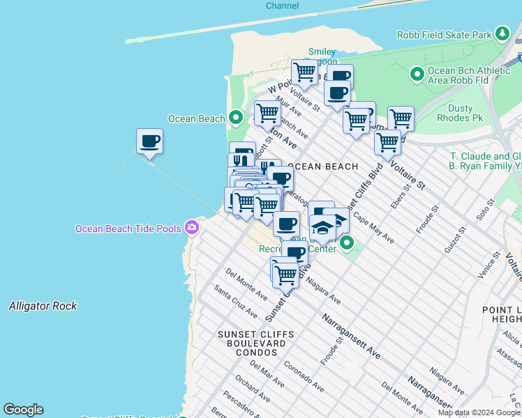 map of restaurants, bars, coffee shops, grocery stores, and more near 5016 Santa Monica Avenue in San Diego