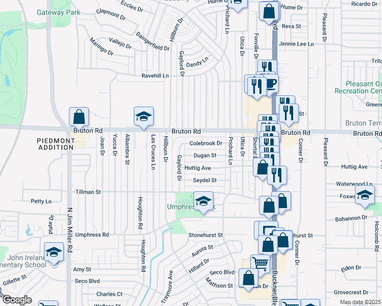 map of restaurants, bars, coffee shops, grocery stores, and more near 7717 Colebrook Drive in Dallas