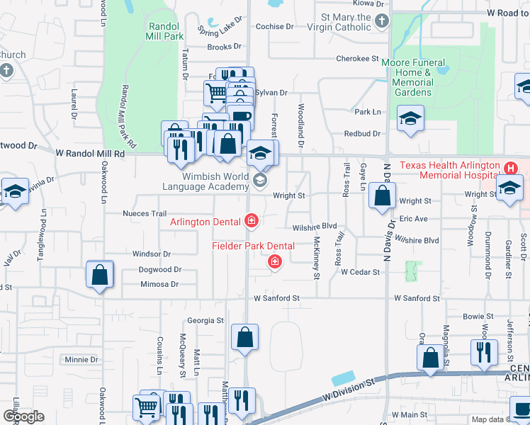 map of restaurants, bars, coffee shops, grocery stores, and more near 1601 Wright Street in Arlington