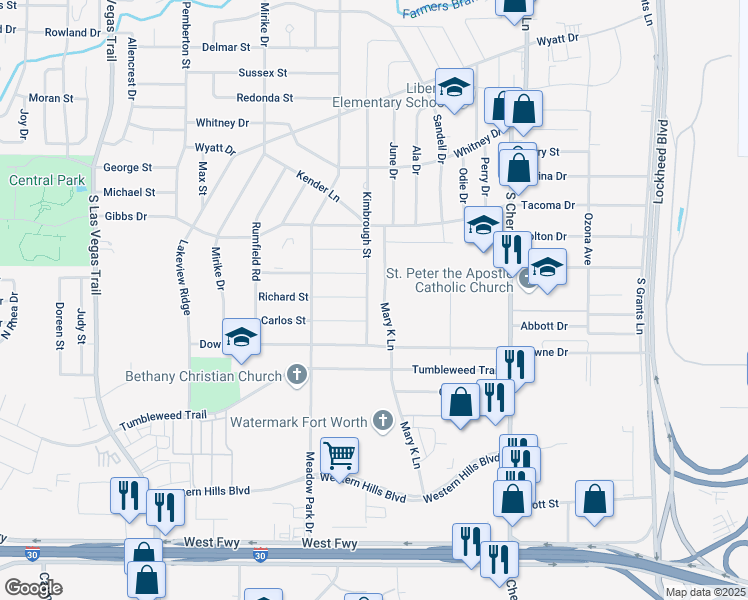 map of restaurants, bars, coffee shops, grocery stores, and more near 1000 Kimbrough Street in White Settlement
