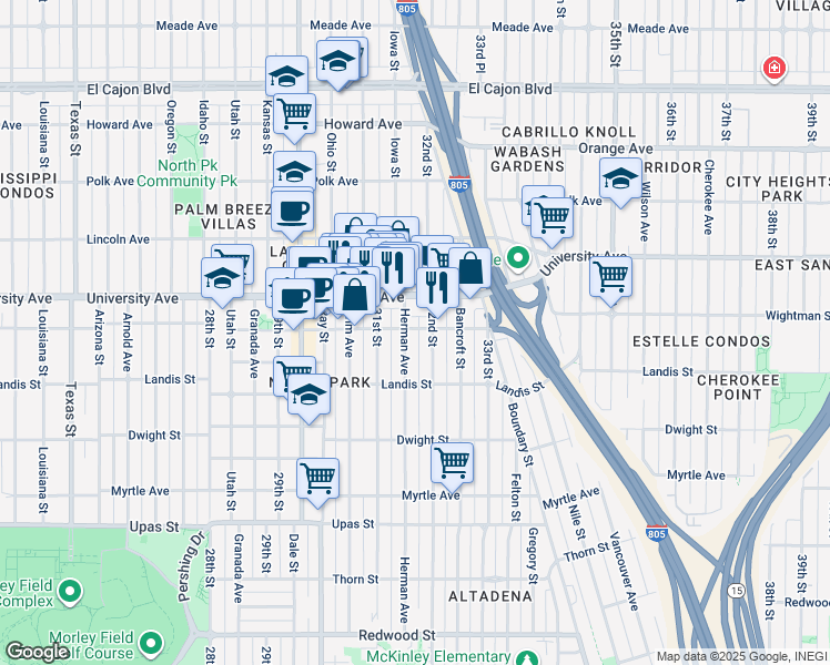 map of restaurants, bars, coffee shops, grocery stores, and more near 3169 North Park Way in San Diego