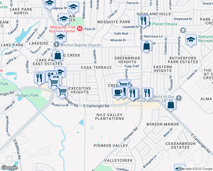 map of restaurants, bars, coffee shops, grocery stores, and more near 1505 Rancho Drive in Mesquite