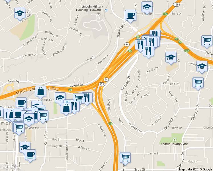 map of restaurants, bars, coffee shops, grocery stores, and more near 8381 Broadway in Lemon Grove