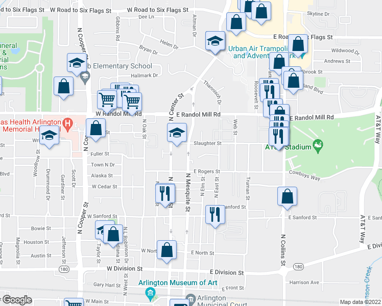 map of restaurants, bars, coffee shops, grocery stores, and more near 821 North Mesquite Street in Arlington