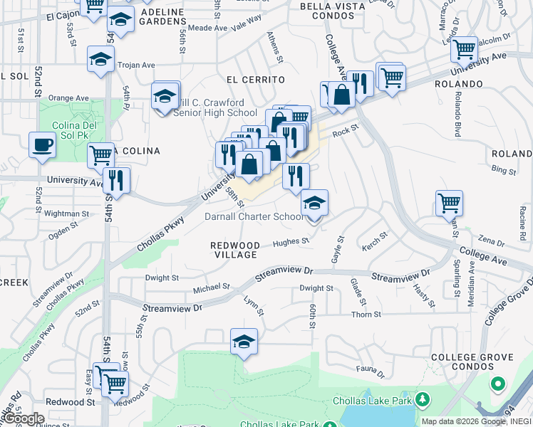 map of restaurants, bars, coffee shops, grocery stores, and more near 3980 Faircross Place in San Diego