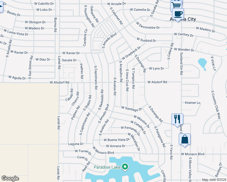 map of restaurants, bars, coffee shops, grocery stores, and more near 10591 West Alsdorf Road in Arizona City