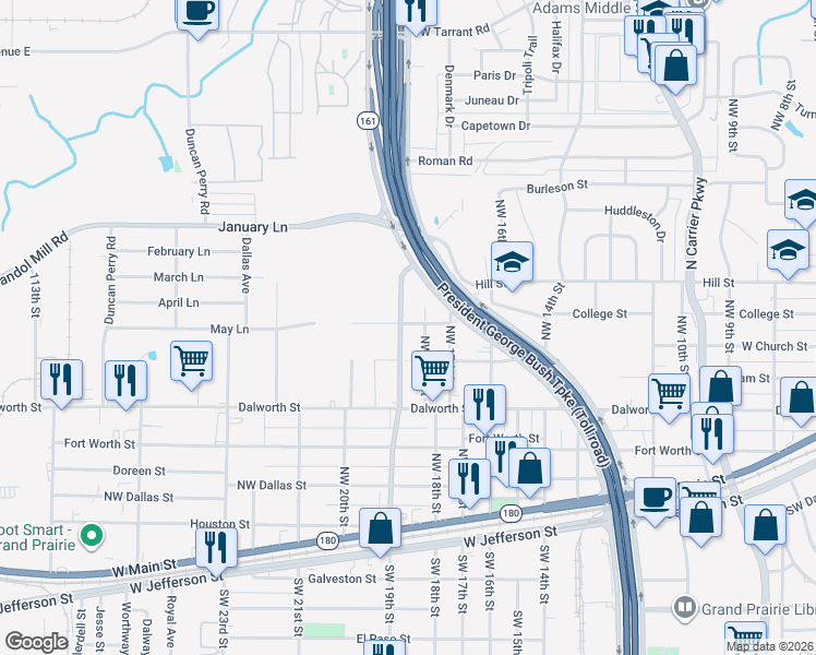 map of restaurants, bars, coffee shops, grocery stores, and more near 13 Northwest 19th Street in Grand Prairie