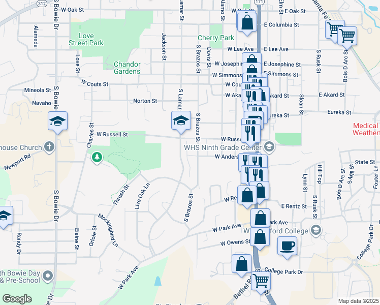 map of restaurants, bars, coffee shops, grocery stores, and more near 1025 Story Book Lane in Weatherford