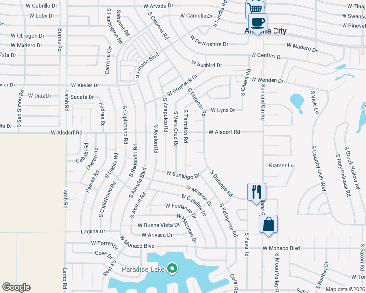 map of restaurants, bars, coffee shops, grocery stores, and more near 14514 South Tampico Road in Arizona City