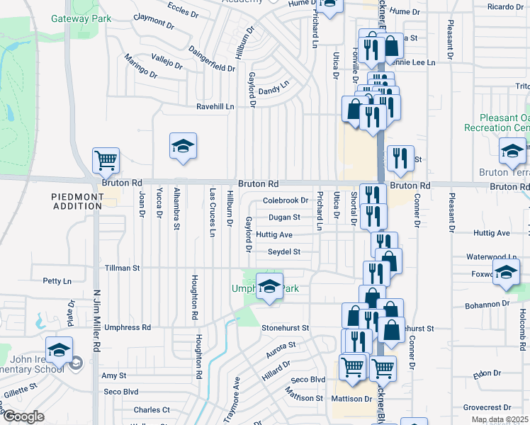 map of restaurants, bars, coffee shops, grocery stores, and more near 7717 Colebrook Drive in Dallas