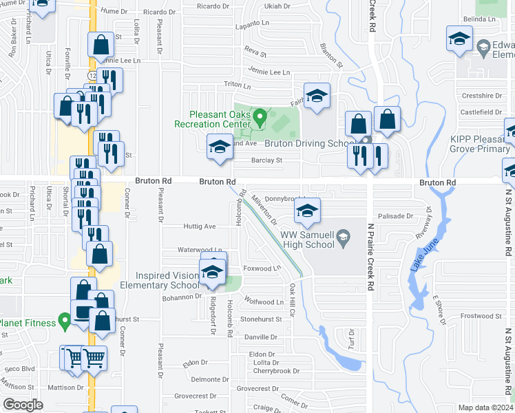 map of restaurants, bars, coffee shops, grocery stores, and more near 8728 Milverton Drive in Dallas