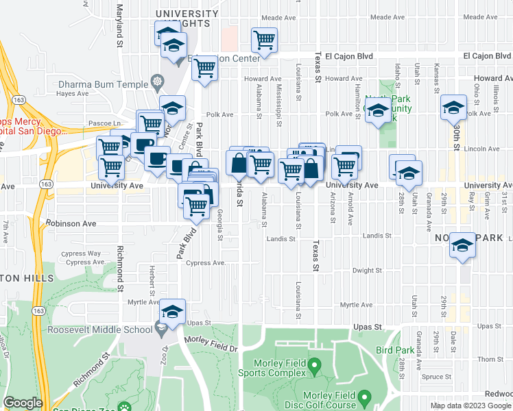 map of restaurants, bars, coffee shops, grocery stores, and more near in San Diego