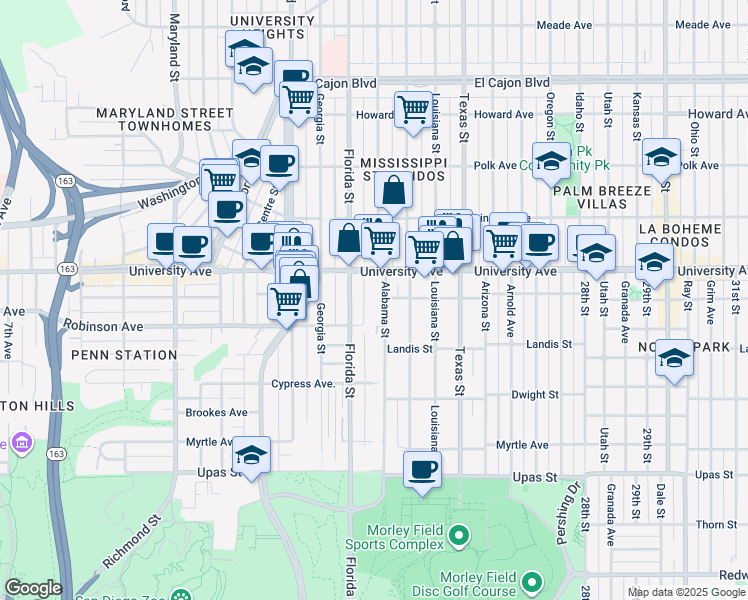 map of restaurants, bars, coffee shops, grocery stores, and more near in San Diego