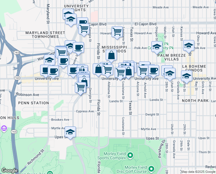 map of restaurants, bars, coffee shops, grocery stores, and more near 3776 Alabama Street in San Diego