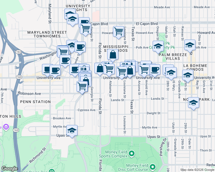 map of restaurants, bars, coffee shops, grocery stores, and more near in San Diego