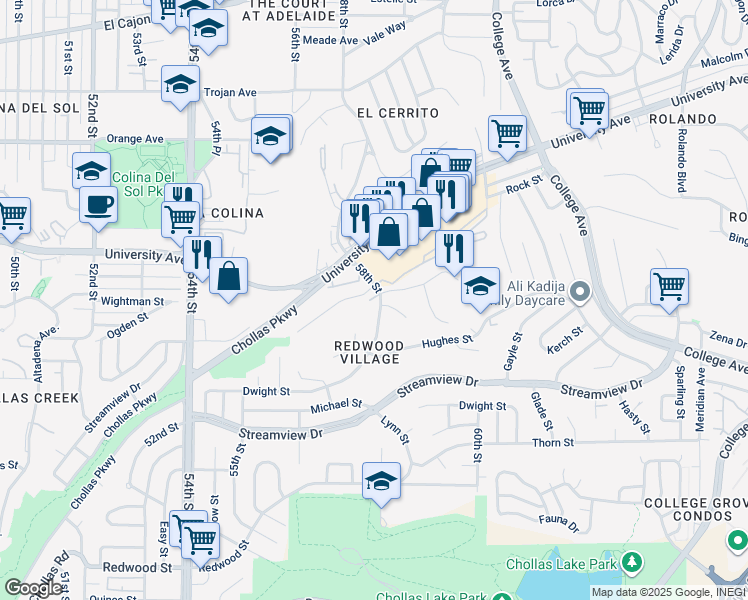 map of restaurants, bars, coffee shops, grocery stores, and more near 3960 58th Street in San Diego
