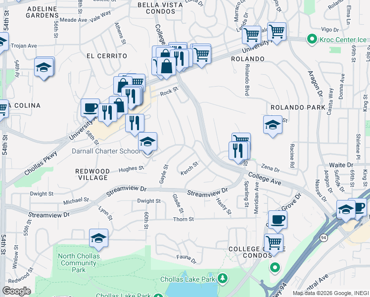 map of restaurants, bars, coffee shops, grocery stores, and more near 3811 Demus Street in San Diego