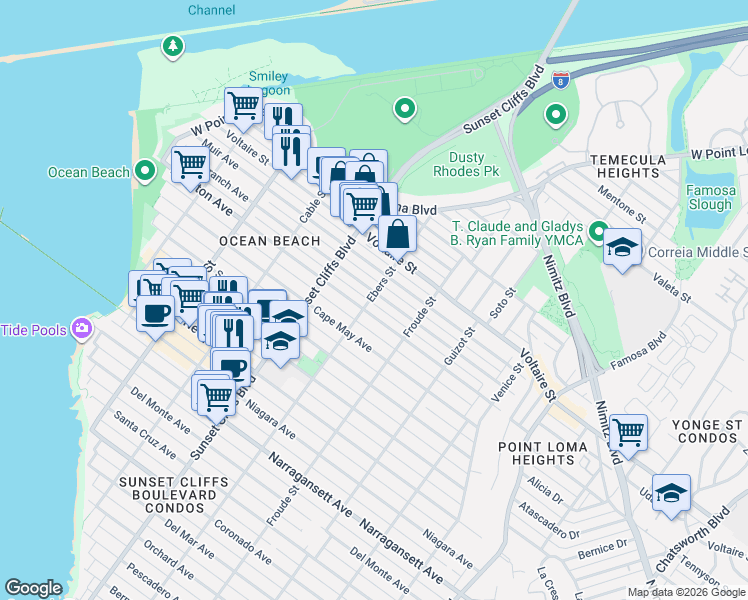 map of restaurants, bars, coffee shops, grocery stores, and more near 4732 Long Branch Avenue in San Diego