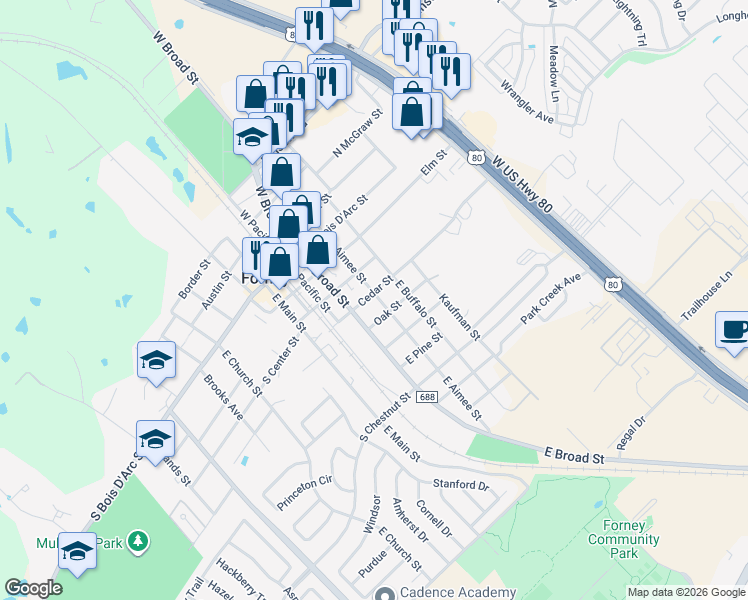 map of restaurants, bars, coffee shops, grocery stores, and more near 401 East Aimee Street in Forney