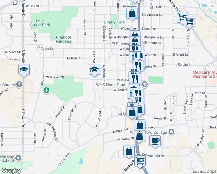 map of restaurants, bars, coffee shops, grocery stores, and more near 320 West Anderson Street in Weatherford