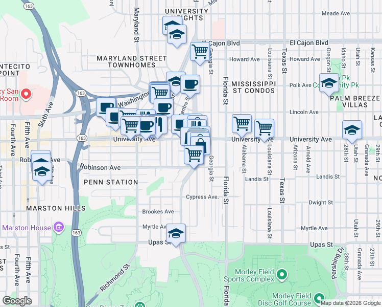 map of restaurants, bars, coffee shops, grocery stores, and more near 3788 Park Boulevard in San Diego