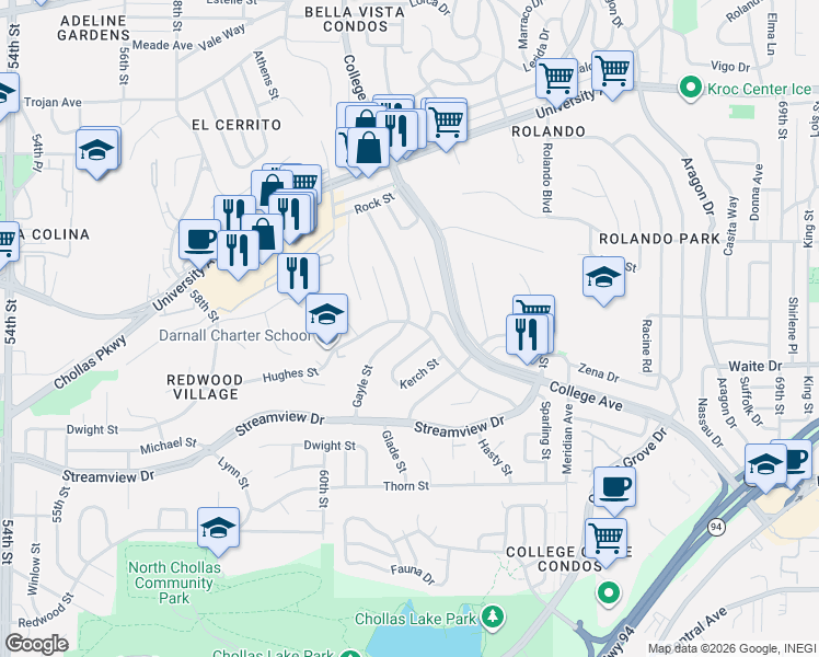 map of restaurants, bars, coffee shops, grocery stores, and more near 3811 Demus Street in San Diego