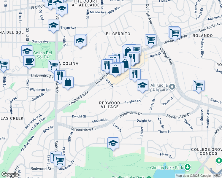 map of restaurants, bars, coffee shops, grocery stores, and more near 5748 Bates Street in San Diego