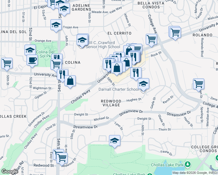 map of restaurants, bars, coffee shops, grocery stores, and more near 5748 Bates Street in San Diego