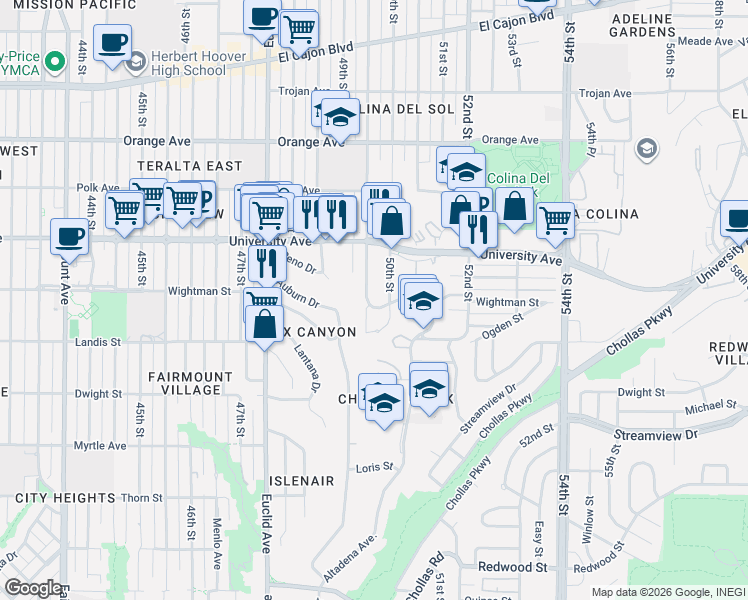 map of restaurants, bars, coffee shops, grocery stores, and more near 3833 50th Street in San Diego